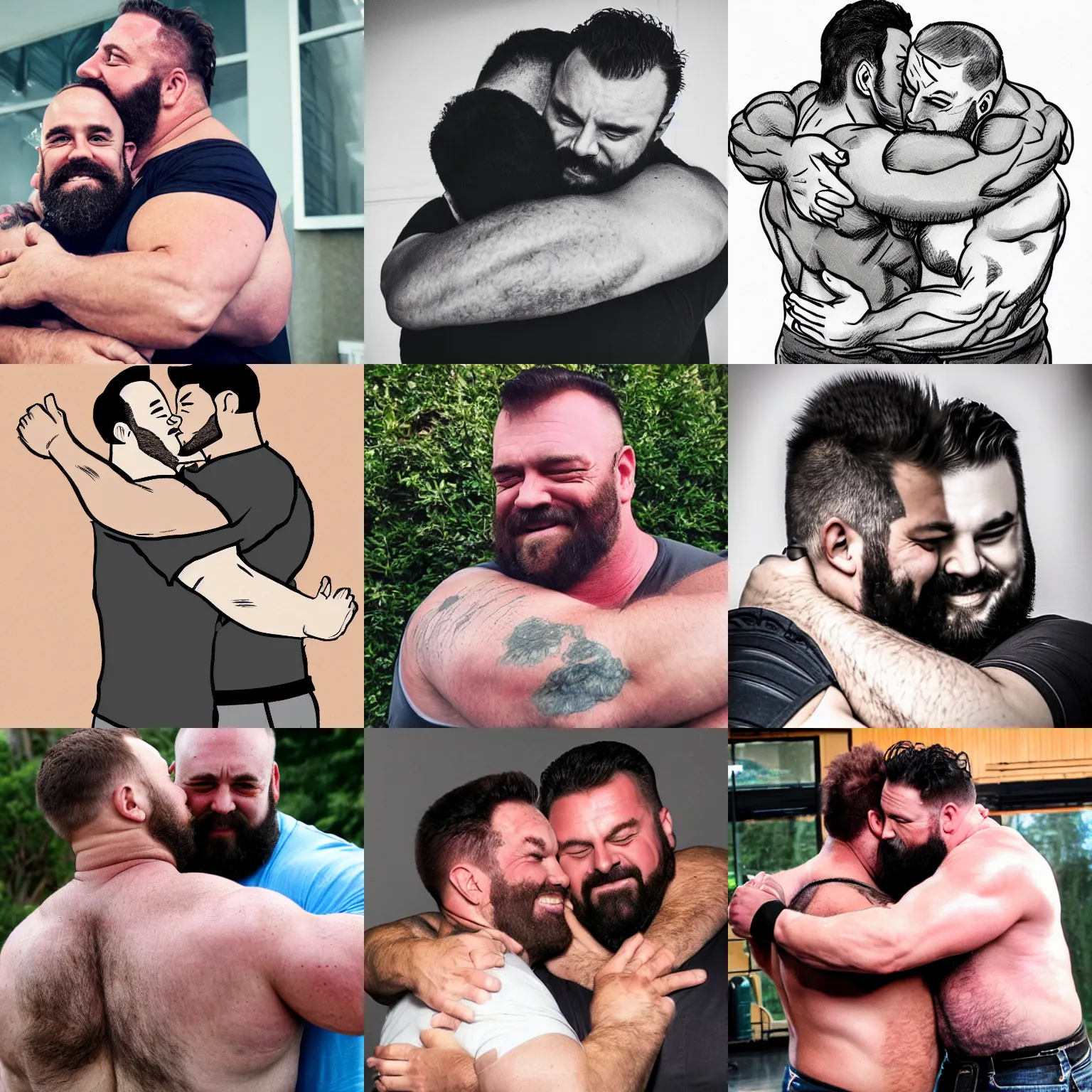 Prompt: big burly manly strongman hug, reassuring, wholesome, affection, forehead kiss