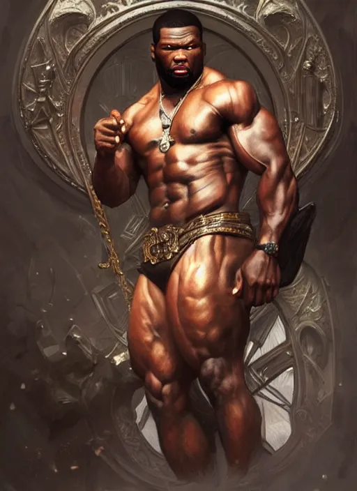 Prompt: Portrait of 50 cent >>>yelling<<<, D&D, muscular, fantasy, intricate, elegant, highly detailed, digital painting, artstation, concept art, smooth, sharp focus, illustration, art by artgerm and greg rutkowski and alphonse mucha