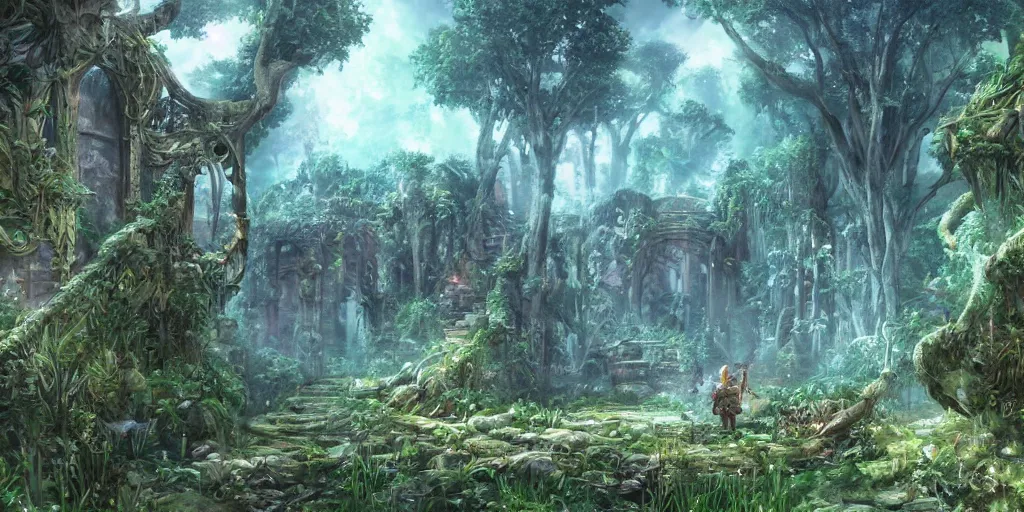 Image similar to ancient magical overgrown ruins, mysetrious etherial mesmerizing atmosphere, beautiful lighting, childhood wonder and nostalgia, extremely intricate, hyper detailed, hd, legend of zelda, masterpiece