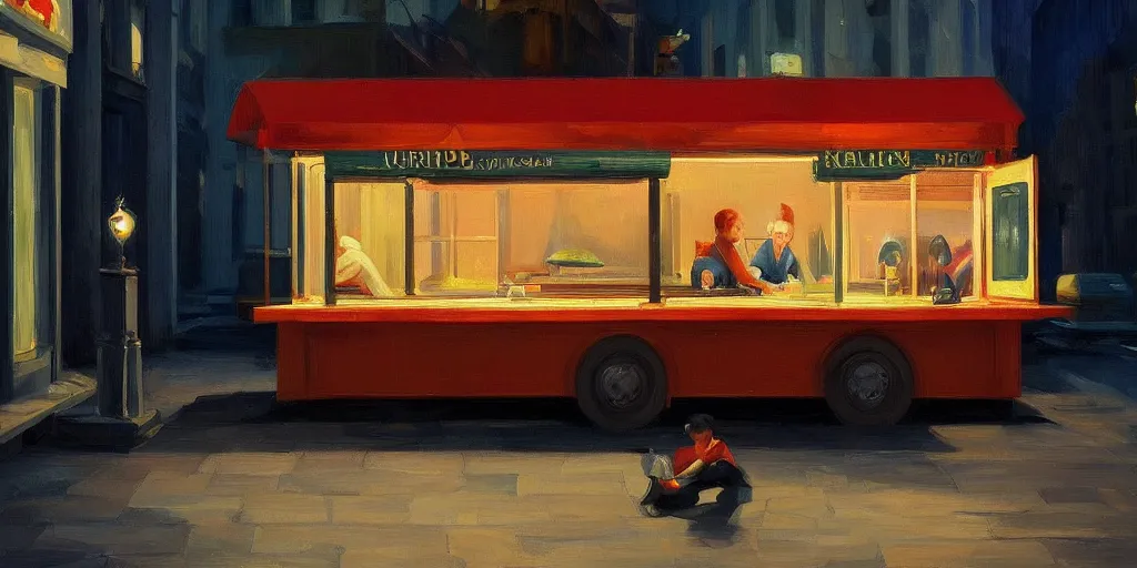 Image similar to a storybook illustration of a lone foodtruck glowing from inside, quiet dark night scene like Edward Hopper masterpiece, intricate, elegant, fantasy, highly detailed, digital painting, concept art, sharp focus, artstation