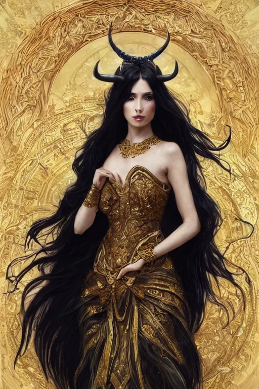 Image similar to fullbody!! of a beautiful woman with long black hair, big natural horns on her head, flowing intricate dress, gold jewellery, dnd, face, fantasy, intricate, elegant, highly detailed, digital painting, artstation, concept art, smooth, sharp focus, illustration, art by artgerm and greg rutkowski and alphonse mucha