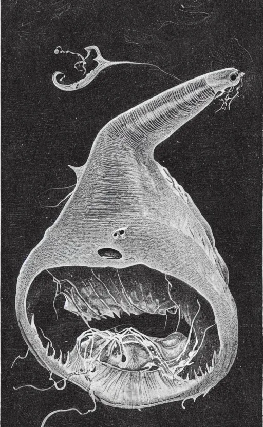 Image similar to illustration of an anglerfish, 1 9 0 0 s, highly detailed