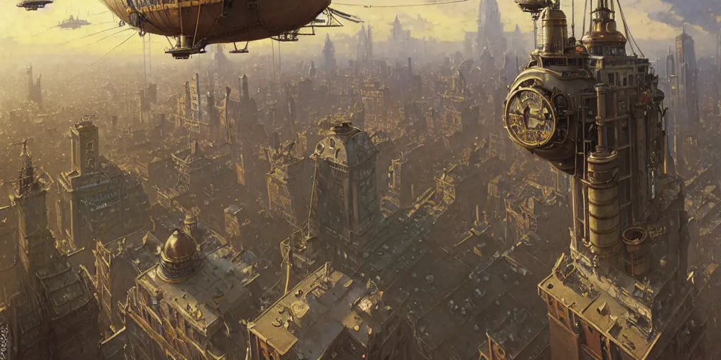 Image similar to steampunk airship above a busy city, exquisite details, denoised, mid view, by norman rockwell, karl kopinski, artsation, greg rutkowski, makoto shinkai, takashi takeuchi, studio ghibli