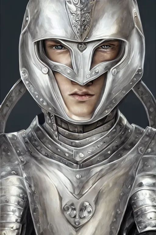 Image similar to a blonde male teenager wearing a silver plate armor, digital painting, digital art, oil painting, masterpiece, realistic and detailed face, profile picture, realistic, highly detailed, high quality, symmetrical, low contrast, trending on deviantart, soft colors, soft lighting, face portrait, beautiful, elegant, castle in the background, bokeh, oil painting