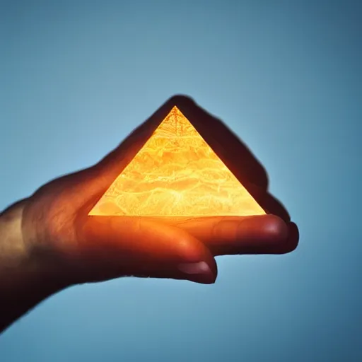 Image similar to an open hand facing up, a tiny glowing pyramid is floating slightly above the palm of the hand