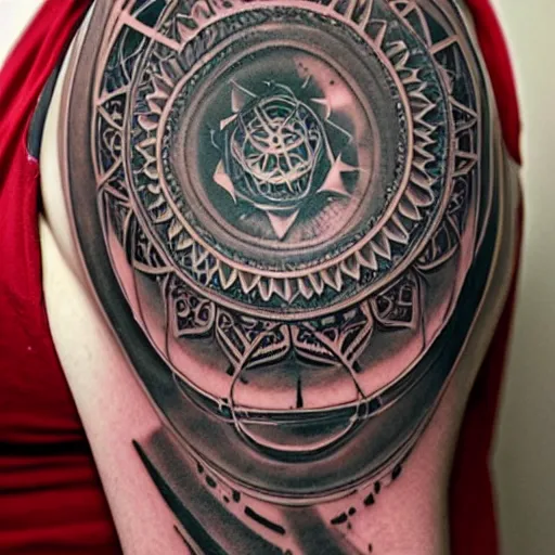Prompt: intricate, lots of parts, high detail, sacred geometry tattoo, professional photography
