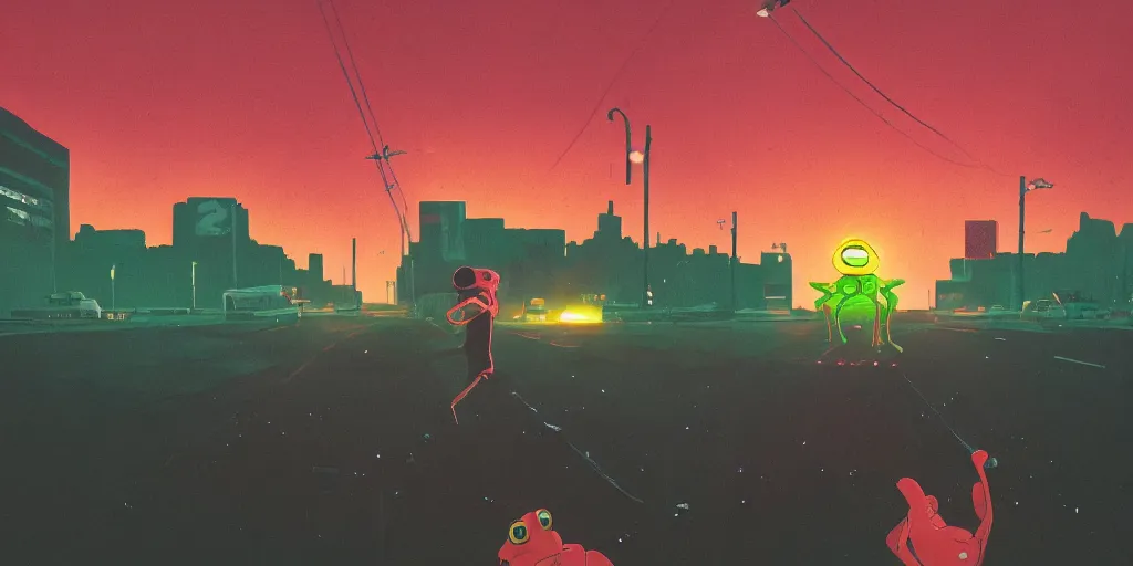 Image similar to Portrait using the Rule of Thirds,alien frogs, focusing on an alien frog invasion, the sun is exploding, Portrait, Very Cloudy Sky, Sun, Neon Lights, Rule of Thirds, perspective, Retrofuturism, Studio Ghibli, Simon Stålenhag