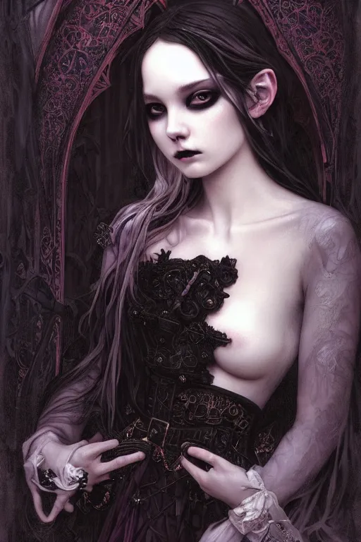 Image similar to beautiful and gothic and victorian and luxury and demonic young medieval dark princess portrait like blackpink lisa+smoky eyes+front face with light flowing hair, ultradetail face, art and illustration by tian zi and craig mullins and WLOP and alphonse mucha, fantasy, intricate complexity, human structure, human anatomy, fantasy character concept, watermark, blurry, hyperrealism 8k