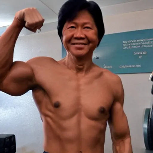 Image similar to bongbong marcos as gigachad flexing at the gym, muscular, on steroids,