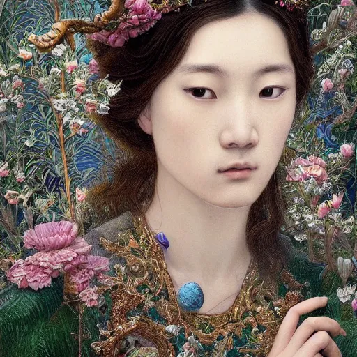 Prompt: An extremely beautiful pre-raphaelite ornate portrait of a very beautiful asian himbo, surreal, ultradetailed, intricate, elegant, digital art painting, concept art, smooth, sharp focus, magazine art cover illustration, regal, award winning picture, extremely detailed masterpiece, sense of awe, featured on Artstation, Artgerm, winning award piece, ethereal bubbles, Aetherpunk, low-key neon lightning, stormy weather, Exquisite floral details, 8K detail post-processing, matte, oil painting