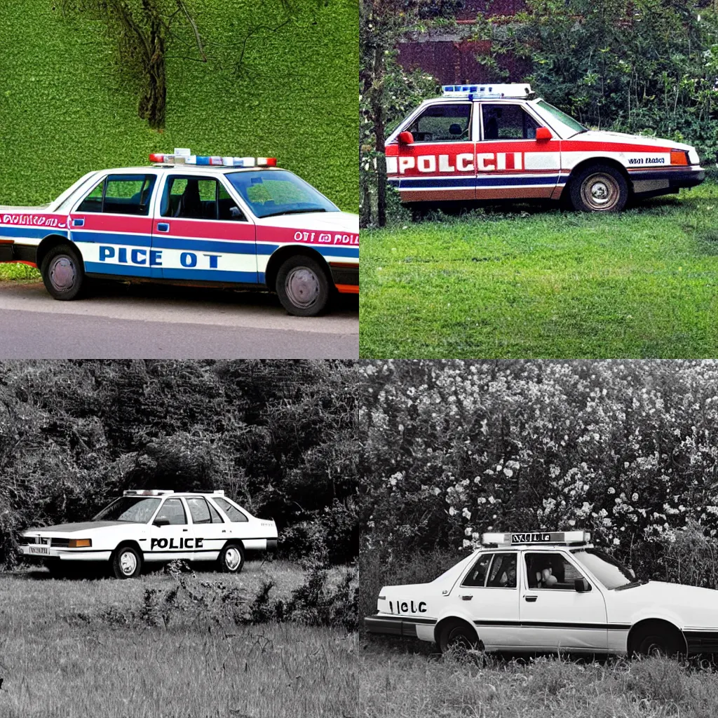 Prompt: a telephoto shot of a neglected police car from the 1 9 8 0 s viewed from a 3 / 4 angle sits in the distance. it is overgrown with grass and flowery vines