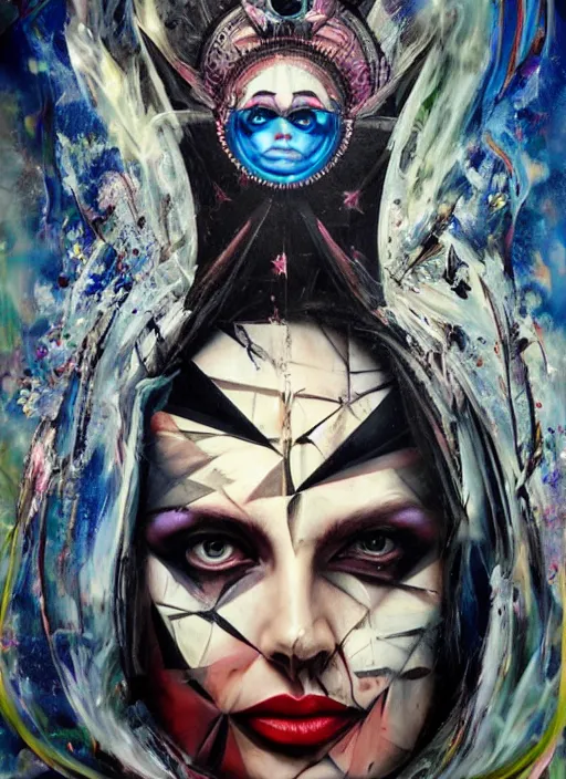 Image similar to gorgeous magic cult psychic woman smiling, third eye, energetic consciousness psychedelic, epic surrealism expressionism symbolism, story telling, iconic, dark robed, oil painting, symmetrical face, dark myth mythos, by Sandra Chevrier , H R Giger, masterpiece cinematic composition, dramatic pose, beautiful lighting, sharp, details, hyper-detailed