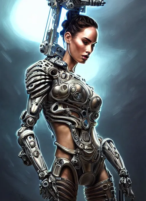 Image similar to portrait of a beautiful female soldier from the future wearing biomechanical armor, megan fox, carrying a rifle, intricate, elegant, glowing lights in armor, highly detailed, digital painting, artstation, glamor pose, concept art, smooth, sharp focus, illustration, epic angle, art by artgerm and greg rutkowski, artey freytag, alvin schwartz