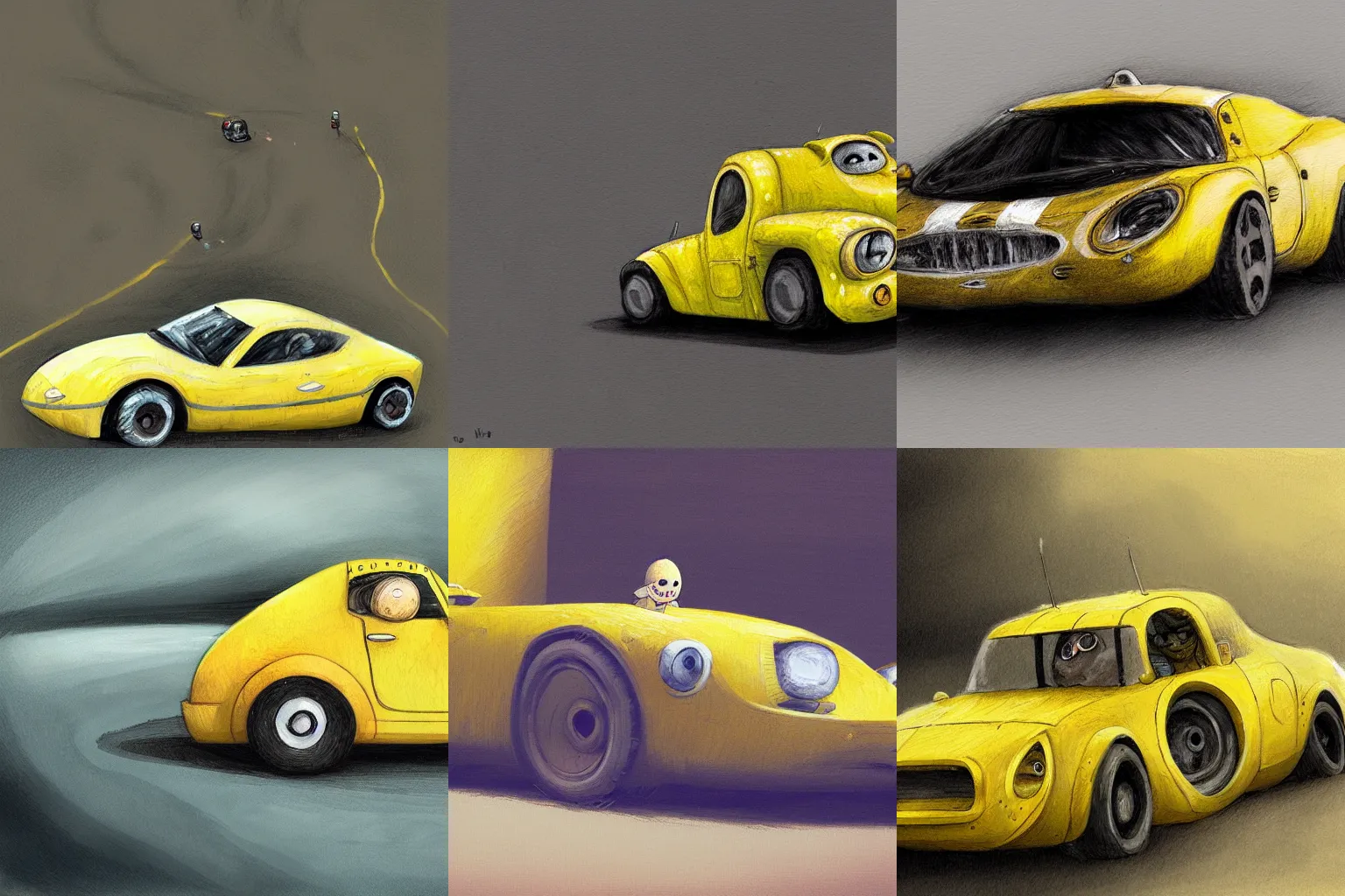 Prompt: a yellow race car by tony sandoval