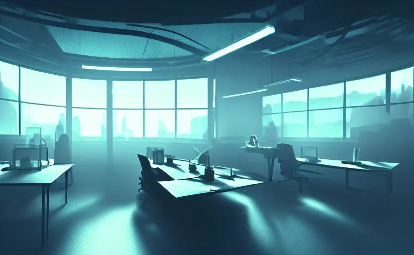 Prompt: office, horror scene, fluorescent lighting, beautiful volumetric-lighting-style atmosphere, futuristic atmosphere, intricate, detailed, photorealistic imagery, artstation