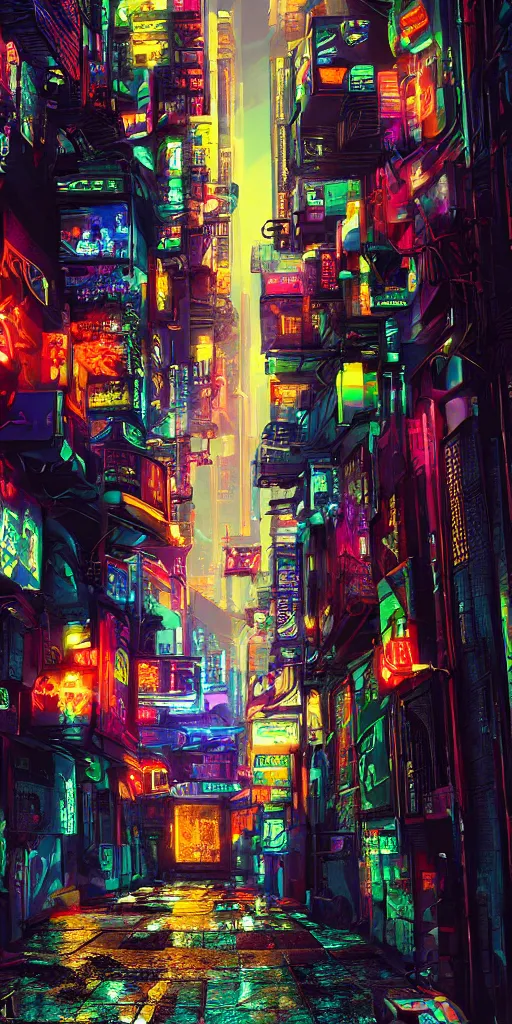 Image similar to cyberpunk alley with a person, pop art, rtx, 8 k, ray tracing, highly detailed, cold colors, rain,