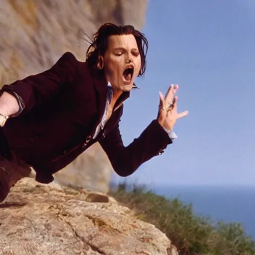 Prompt: johnny depp falling down a cliff with the camera pointing downwards at his face as you can see him scream while falling down the cliff, realistic, movie scene, dramatic, hdr, clear image,