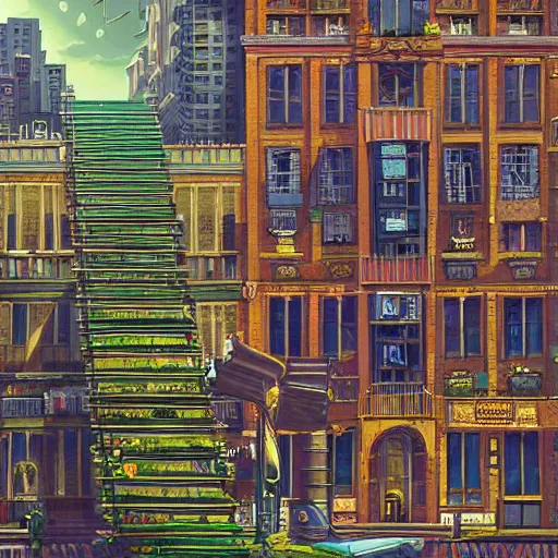 Image similar to a painting of a bunch of buildings with stairs, a detailed matte painting by dan mumford, deviantart contest winner, maximalism, 2 d game art, detailed painting, physically based rendering