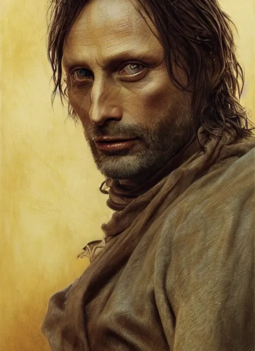 Prompt: Mads Mikkelsen as Aragorn by Alan Lee, golden hour, concept art, detailed clothing, art station, oil painting