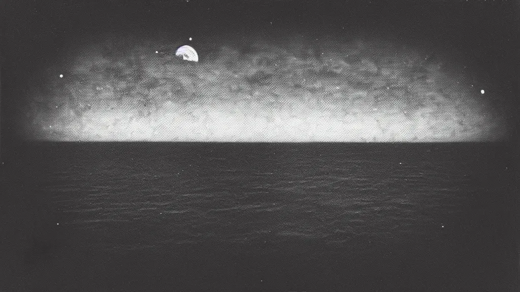 Image similar to birds eye view, haunted VHS glitch polaroid of a distant celestial ferry sailing through deep blackness. black bay, stars strange perspective, depths, Ethereal lighting. Nighttime setting with the moon reflecting off the water