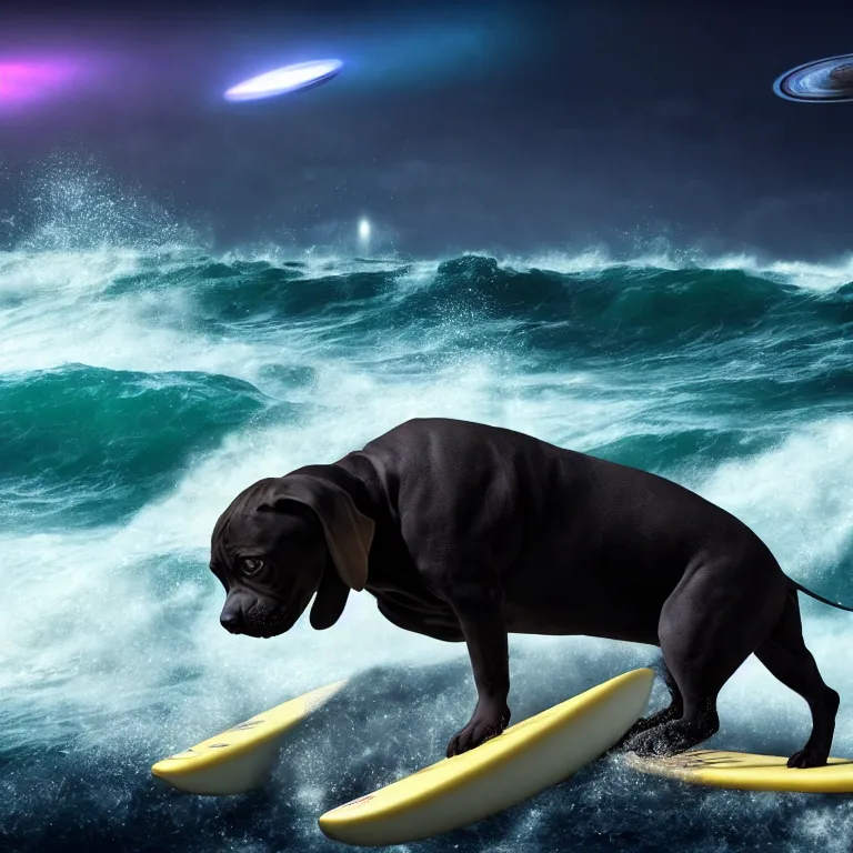 Prompt: photo of a dark charcoal coat pit bull with a white paws, surfing on a surfboard in a crashing wave of alien ocean in space, background is an alien galaxy, matte, aliens in the background, alien colors, octane render, unreal engine, wide view, 8 k, high detaild