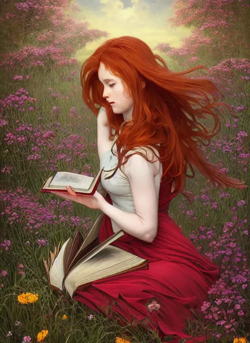 Image similar to an epic fantasy comic book style portrait painting of a young red headed girl reading a book in a field of flowers surrounded by bees, d & d, fantasy, intricate, elegant, highly detailed, digital painting, artstation, concept art, matte, sharp focus, illustration, art by artgerm and greg rutkowski and alphonse mucha