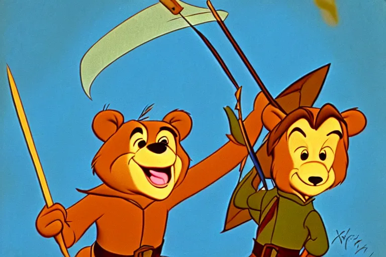 Prompt: film still vintage disney animation style of the main character bear in the classic disney film robin hood