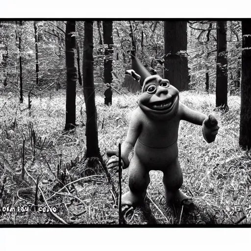 Image similar to shrek b & w trail cam, scary, found footage