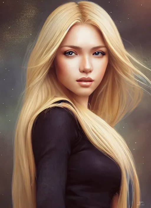 Image similar to picture of a gorgeous female with long blonde hair in the style of stefan kostic, realistic, full body shot, wide angle, sharp focus, 8 k high definition, insanely detailed, intricate, elegant, art by stanley lau and artgerm, floating embers