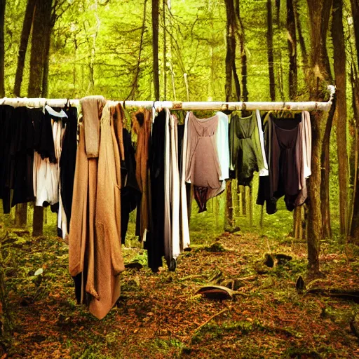 Prompt: clothes hanging on a clothes rack in a lonely eery forest, fever dream, award winning photography, dreamcore, weirdcore