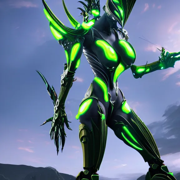 Image similar to extremely detailed giantess shot, close front shot, of a detailed stunning female warframe, that's a giant beautiful stunning anthropomorphic robot female dragon, 300 feet tall, standing majestically on a mountain, elegant pose, robot dragon claws, streamlined glowing green armor, detailed sharp metal claws, thick warframe robot legs, long elegant tail, detailed warframe fanart, destiny fanart, high quality digital art, giantess art, furry art, warframe art, Destiny art, furaffinity, DeviantArt, artstation, 8k HD, octane render