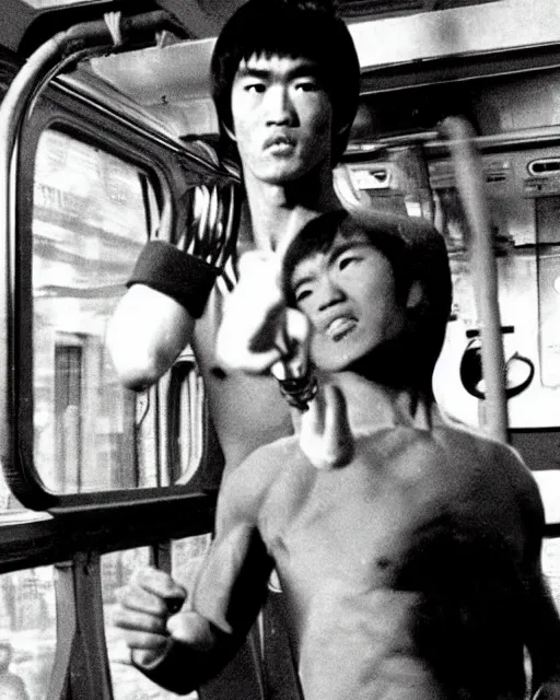 Image similar to bruce lee demonstrates using his nunchucks while riding a subway train