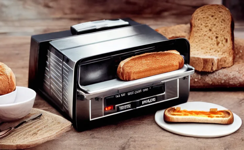 Image similar to a time-traveling delorean styled toaster with toast, bread inserted into slot, professional product shot, magazine ad