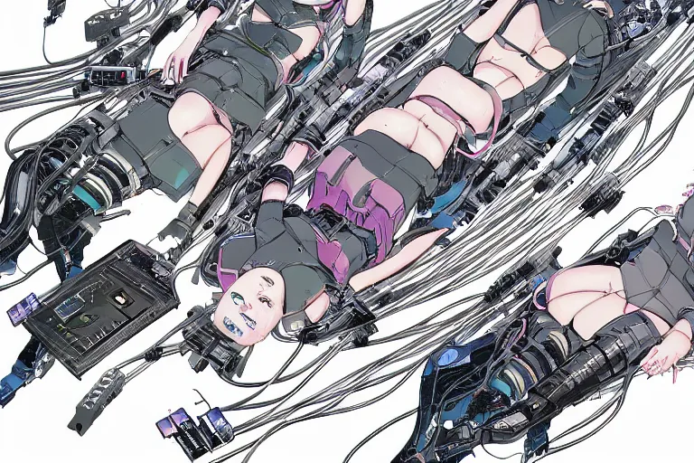 Image similar to a cyberpunk illustration of a group of three female androids in style of masamune shirow, lying on an empty, white floor with their bodies rotated in different poses and cables and wires coming out, by yukito kishiro and katsuhiro otomo, hyper-detailed, intricate, view from above