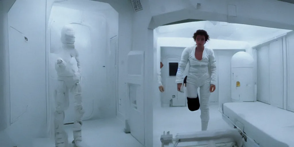 Image similar to a wide shot of Ripley sleeping inside an all-white room of cryogenic sleep chambers by Ridley Scott, Alien movie, grainy, bluish and cream tones