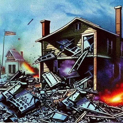 Image similar to color photo from the 80s, the shelling of a house in New York by Soviet soldiers, Many soldiers,epic style, a bunch of explosions, realistic style