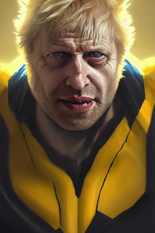 Image similar to Boris Johnson as Wolverine, portrait, yellow X man costume, highly detailed, digital painting, artstation, concept art, smooth, sharp focus, illustration, cinematic lighting, art by artgerm and greg rutkowski and alphonse mucha