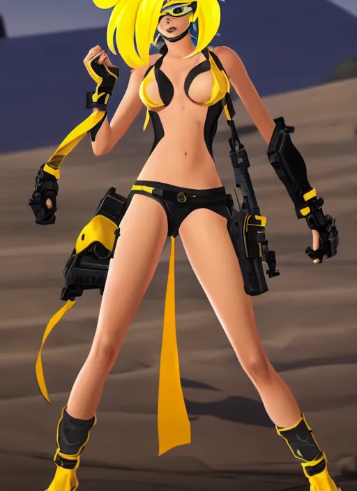 Image similar to tracer game character, in yellow bikini, blonde hair, black eyes, full height