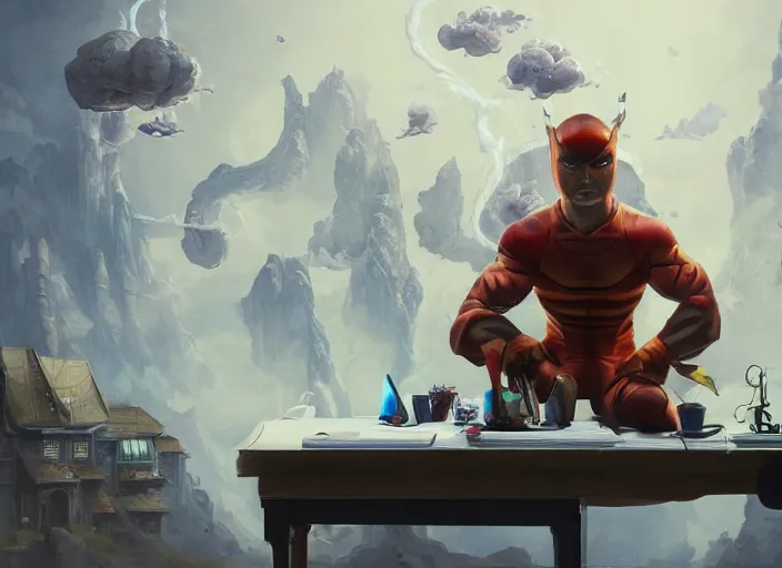 Image similar to an insanely detailed painting of an asian man wearing a homemade superhero costume, sitting at a desk, staring seriously at the computer and typing, in the style of peter mohrbacher, james jean, artgerm, dramatic lighting and composition, surreal background, octane render, pixar, trending on artstation, concept art, comic book, view from behind, 8 k