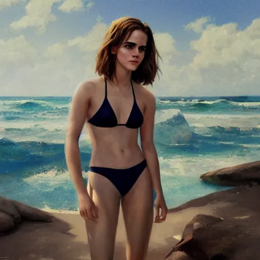 Image similar to detailed painting of emma watson wearing a bikini, 8 k, by greg rutkowski, artgerm, global illumination