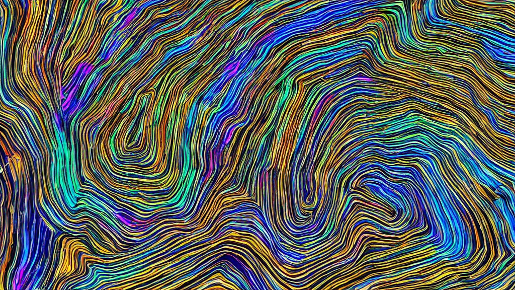 Image similar to geology illustration macro photography of the psychedelic magical machine within the mountain, with marbled machine strata, wind machinery, hadron collider, super conducters, fibre optics, reactor circuits, isometric, cool dark tones in the style of Luis García Mozos