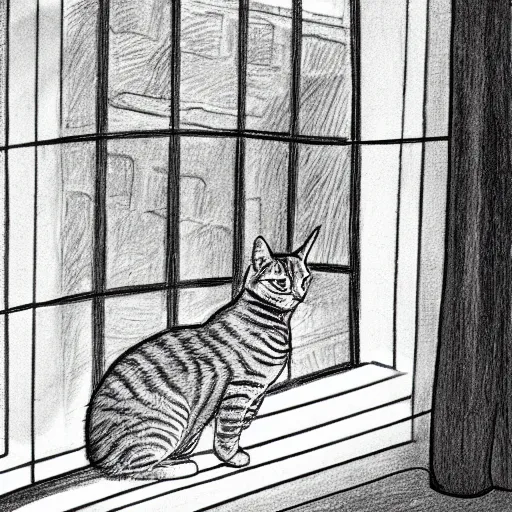 Image similar to a tabby cat named clarence laying on a table looking out the window, it is a sunny day, in the style of a hand drawn pencil sketch