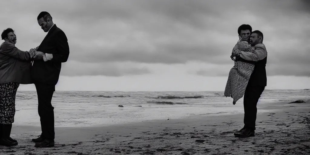 Image similar to strong man in a shirt and a tie sitting on windy cold beach, holds his mother on his arms