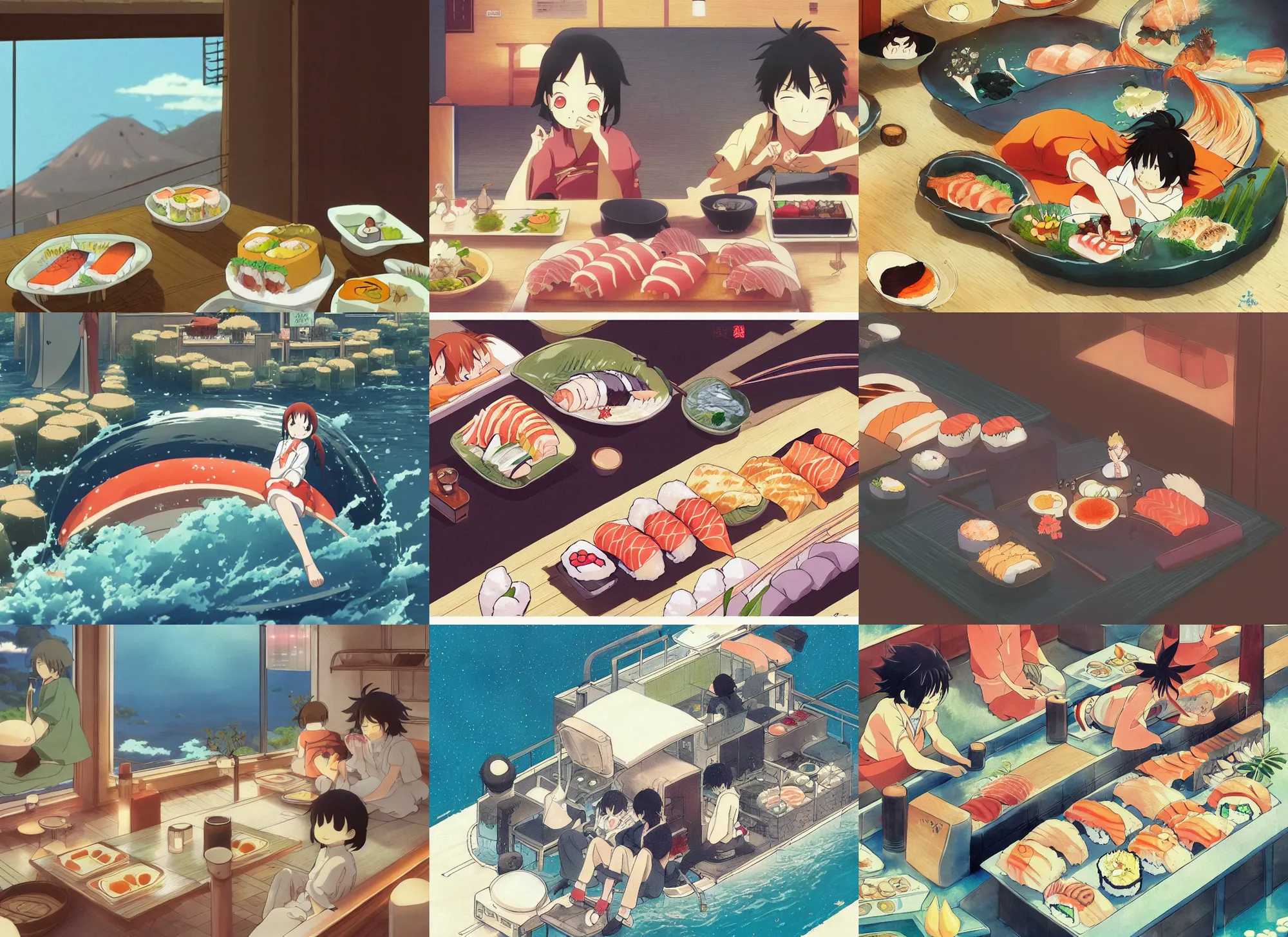 Prompt: beautiful anime illustration of omakase sushi, relaxing, calm, cozy, peaceful, by mamoru hosoda, hayao miyazaki, makoto shinkai