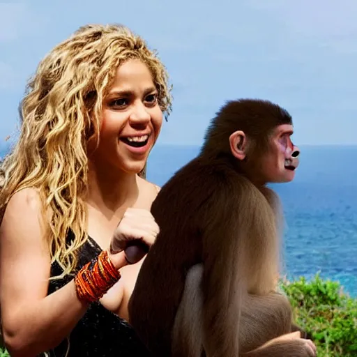 Image similar to Shakira singing for a crowd of monkeys on an island with the ocean in the background