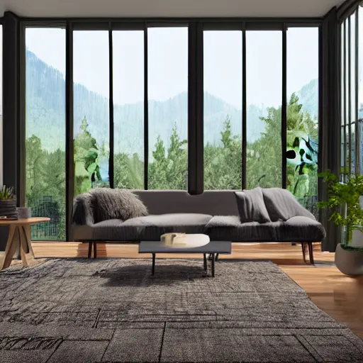 Image similar to architecture render of a beautiful modern living room with wood floors, large windows with a beautiful view, an area rug, forest, mountains, realistic, hd, 8 k, digital rendering, unreal engine, blender, octane, maya