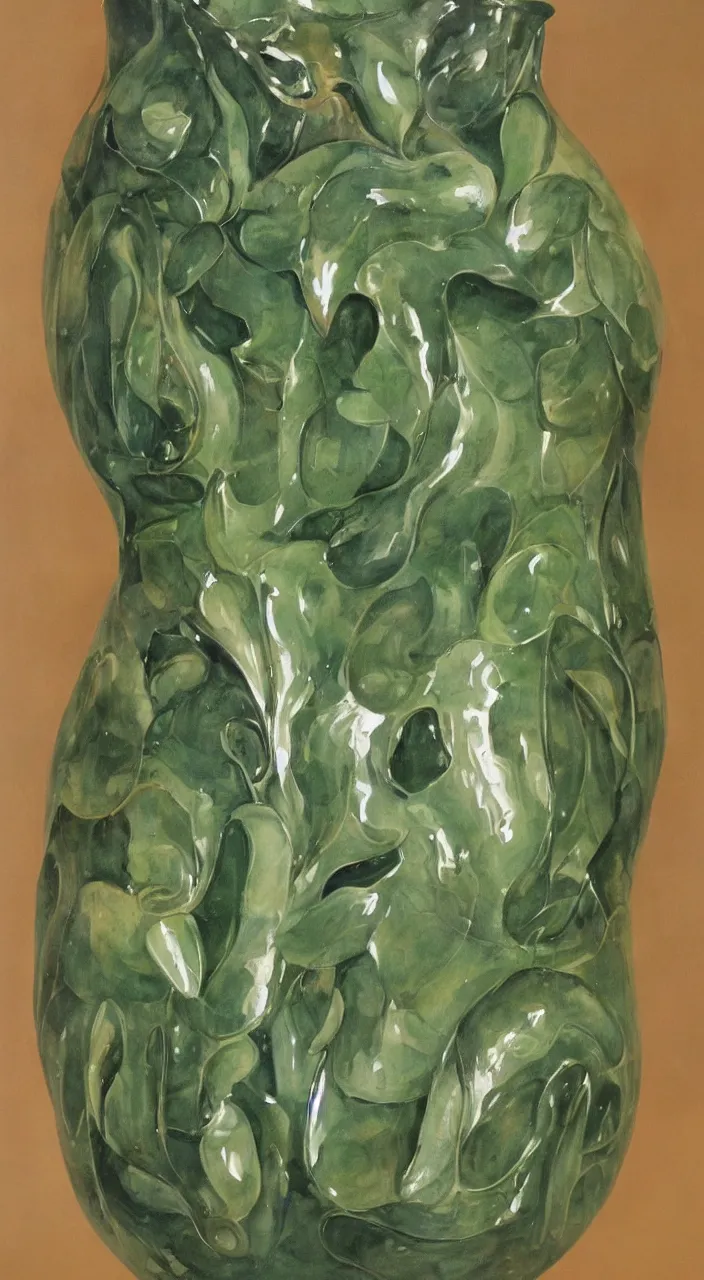 Image similar to a biomorphic ceramic still distilling eucalyptus into green oil, flowing, amphora, alchemical still, brush stroke, romantic painting