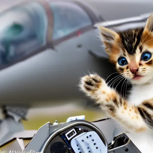 Prompt: adorable kitten piloting a fighter jet, photo, f2.0 35mm prime, highly detailed, 4k