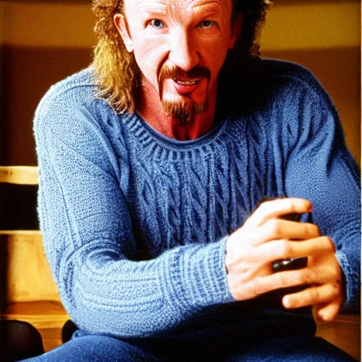 Prompt: Diamond Dallas Page knitting!!, candid photograph by Annie Leibovitz.