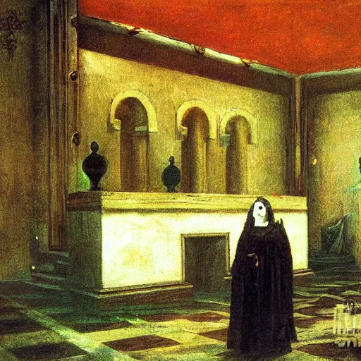Prompt: sanctuary of a high priestess of cthulhu 1 8 8 6. medium is oil on wood. by arnold bocklin. highly detailed. trending on arstation. postprocessing.